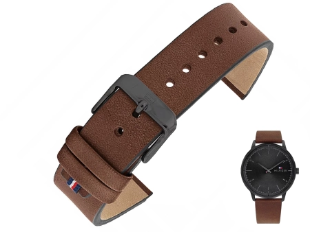 Oryginalny brązowy pasek ze skóry naturalnej z naszywką logo flaga do zegarka Tommy Hilfiger 1791876 szerokość 21 mm.
